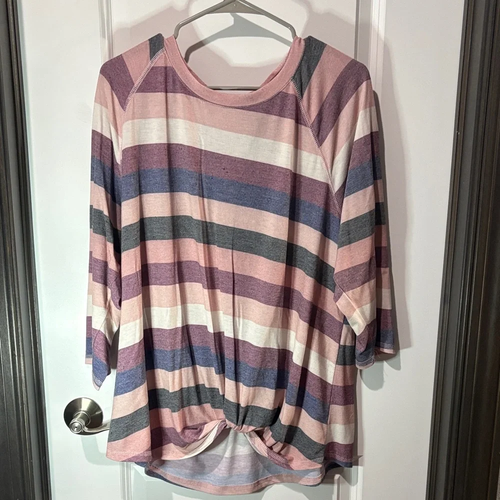 Striped Knot-Hem Relaxed Fit Top - Pink Multi - Picture 1 of 5